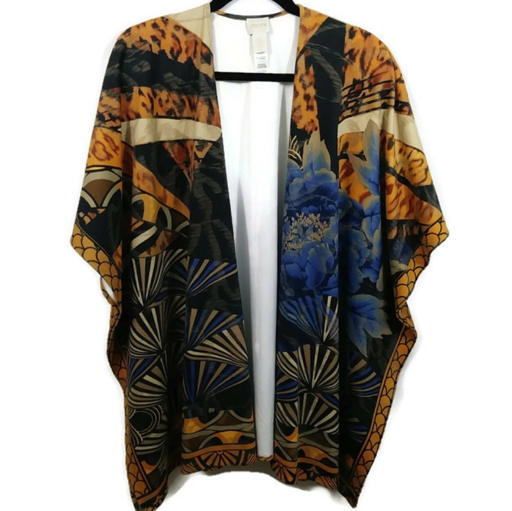 Chico's Cheetah Festival Ruana Open Front Wrap Kimono Poncho One Size - Picture 2 of 16
